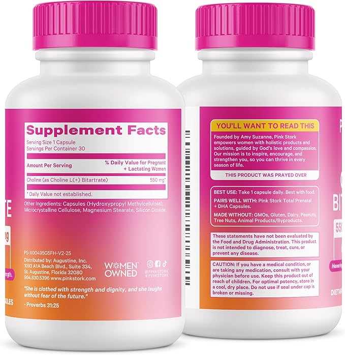 Pink Stork Choline - 550 mg Choline Bitartrate from VitaCholine for Pregnant + Postpartum Moms - Prenatal Vitamin for Fetal Cognitive Health + Breast Milk Quality - 1 Capsule Daily, 30 Count