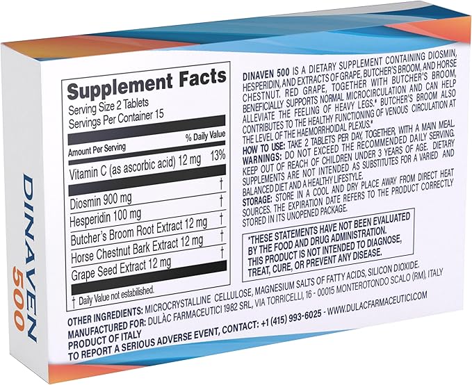 Dulàc - Dinaven 500, Diosmin Hesperidin 500mg Dietary Supplement 30 Tablets, Enriched with Butcher's Broom, Horse Chestnut Extract and Grape Seed Extract, Made in Italy