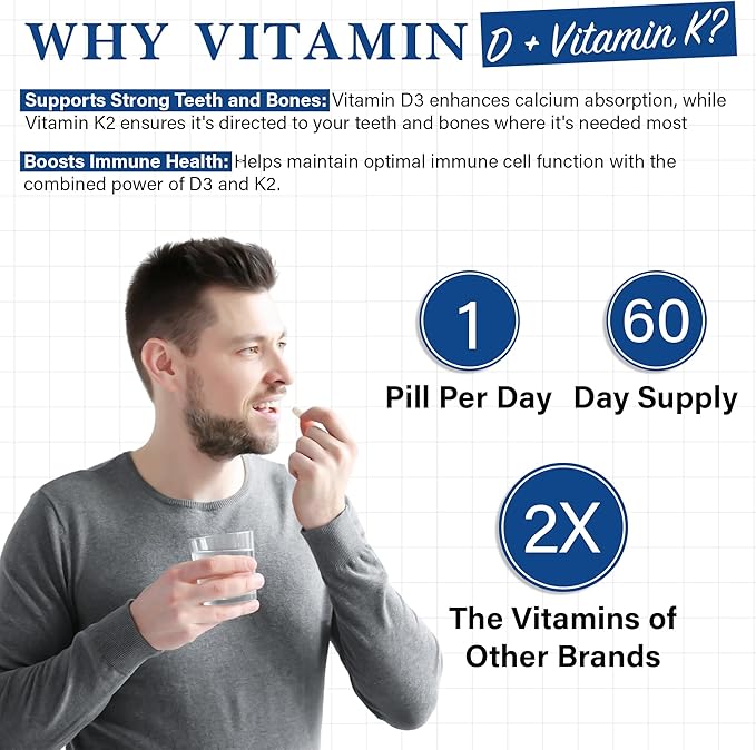 Vitamin D3 10,000 IU with K2 – Immune, Teeth, Bone Health Support, Non-GMO, Gluten & Dairy Free, 60 Day Supply, 60 Capsules