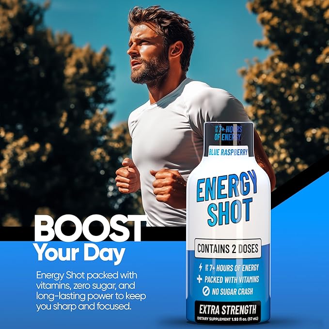 Energy Shot – 2 Servings – 100% DV B-Vitamins & 130mg Plant-Based Caffeine – Zero Calories, Sugar-Free, Vegan, Non-GMO – Energy & Productivity Support (1.93 Fl Oz (Pack of 12), Blue Raspberry)