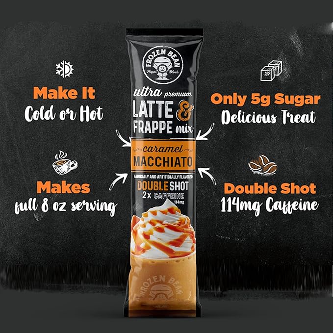 The Frozen Bean - Hazelnut Frappe & Latte Instant Mix with Arabica Coffee, Double Caffiene, Low Sugar - for Hot, Iced, or Frappuccino-Style Blended Drinks - (20) 0.53oz Single Serve Sticks