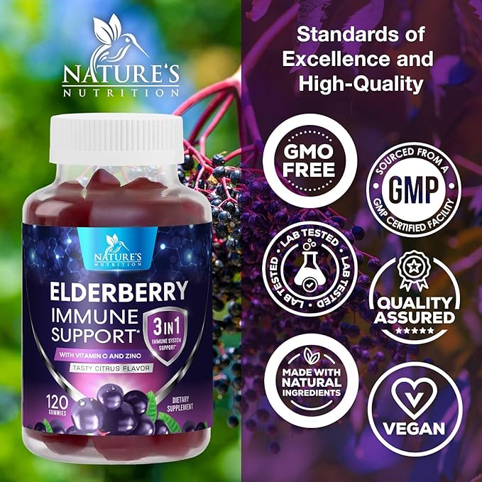 Sambucus Elderberry Immune Support Gummies for Kids & Adults, Elderberry Extract Gummy with Vitamins with Vitamin C, D3, Zinc, Immune Health Support Gummy Supplement, Black Elder Berry - 120 Gummies