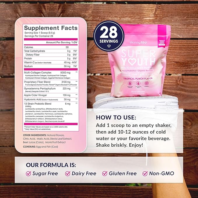 SkinnyFit - Super Youth Collagen for Women - Multi Collagen Peptides Powder - Probiotics, Fiber, Hyaluronic Acid - Non GMO, Gluten Free, Sugar Free - Beauty & Self Care - Tropical Punch (28 Servings)