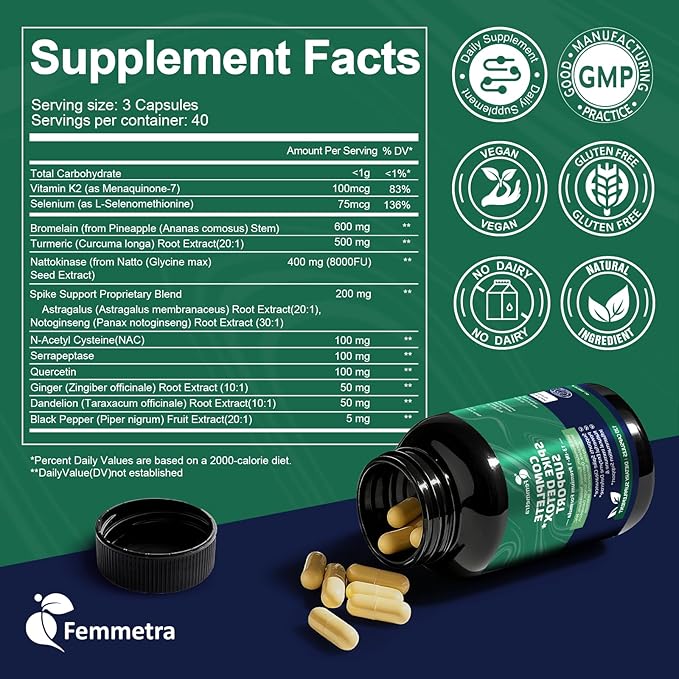 Spike Protein Detox Capsules, 8000 FU Nattokinase Supplement with Bromelain and Curcumin, 13-in-1 Full Spectrum Spike Support Supplement for Immune & Antioxidant Health, Non-GMO, 120 Capsules