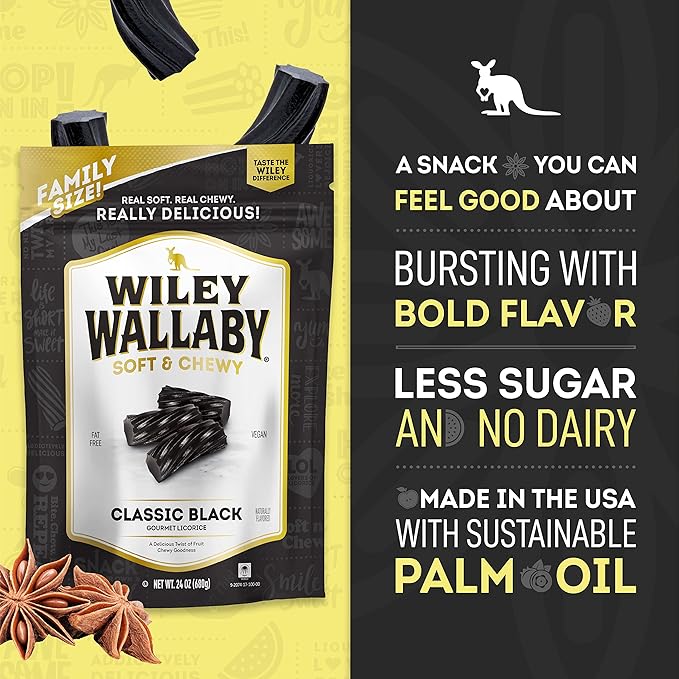 Wiley Wallaby Licorice 24 Ounce Classic Gourmet Soft & Chewy Australian Black Licorice Candy Twists, 6 Pack