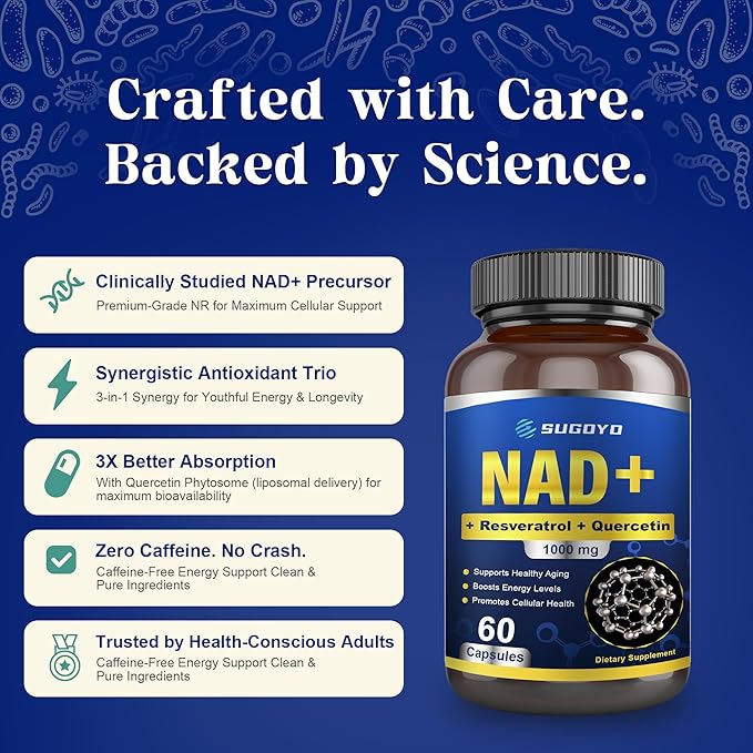 NAD+ Supplement 1000mg Liposomal Nicotinamide Riboside Enhanced with Resveratrol & Quercetin, Anti-Aging & Energy Boost, NMN Alternative, NAD Supplement for Women & Men (60 Count (Pack of 1))