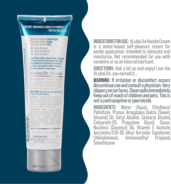LubeLife Handie Cream, Water-Based Lube for Men and Couples, Made with Natural Ingredients, Creamy Texture, 4 Fl Oz