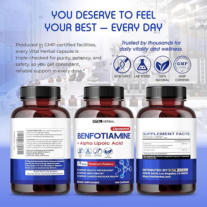 VITAL HERBAL Liposomal Benfotiamine with Alpha Lipoic Acid - Maximum Potency- Support Healthy Metabolism - Made in The USA