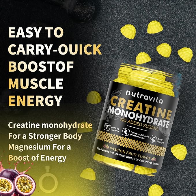 Creatine Monohydrate Gummies for Men & Women-5g of Creatine Monohydrate per Serving - Sugar Free,Vegan, Passion Fruit Flavor, 120 Count