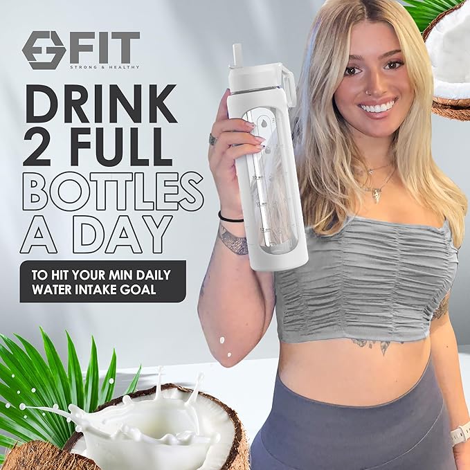FIT Strong & Healthy 32 oz Glass Water Bottle with Straw Lid, Time Marker, Sleeve & Extra Lid - Motivational, Wide Mouth 1 Liter Glass Drinking Bottle