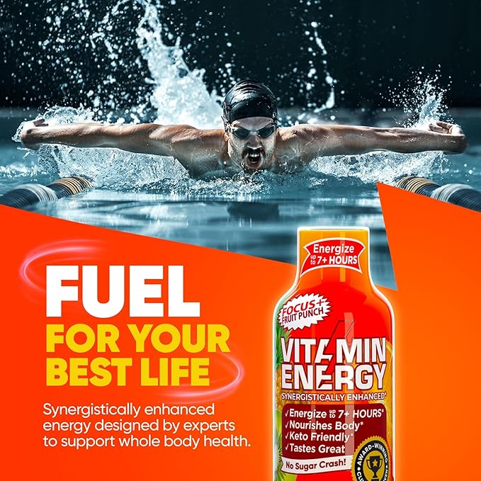 Vitamin Energy Focus+ Extra Strength Energy Shot Fruit Punch 12 Pack, 260mg Natural Caffeine, B-Vitamins, CoQ10, Amino Acids, Focus, Productivity & Clarity, Zero Sugar, Gluten-Free, 1.93 fl oz