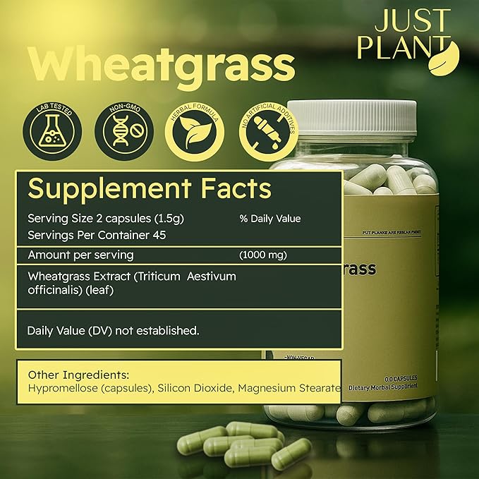 Organic Wheatgrass Capsules 500 mg, 90 Capsules | Vegan, Gluten-Free | Green Superfood Supplement for Detox, Energy, Digestion & Immune Support