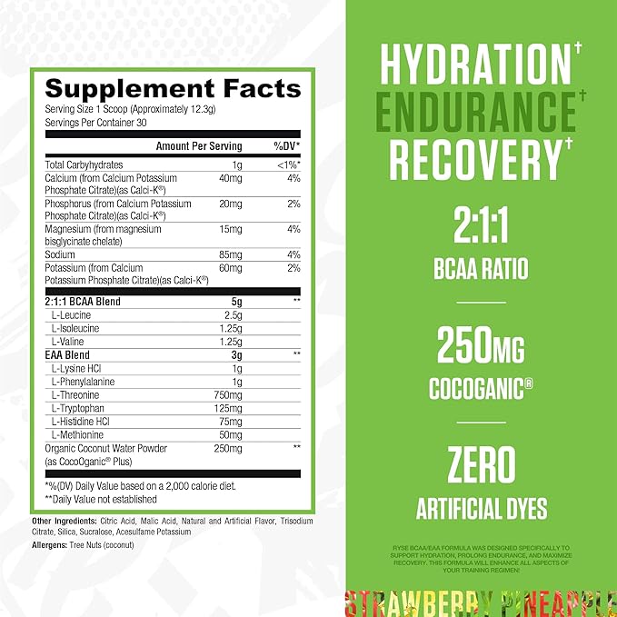 RYSE BCAA EAA Powder - Strawberry Pineapple - 5g Branched Chain Amino Acids, 3g Essential Aminos, Sugar-Free Electrolytes for Pre & Post Workout Muscle Recovery, Hydration and Strength - 30 Servings