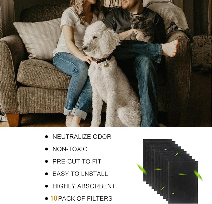 10 Pack Cat Litter Box Charcoal Filters for Van Ness, 4.4 x 6.5In Replacement Carbon Odor Filters for Pureness F6 Zeloite Air Filter Litter Box Filters for Hooded Cat Litter Boxes Upgraded Thickness