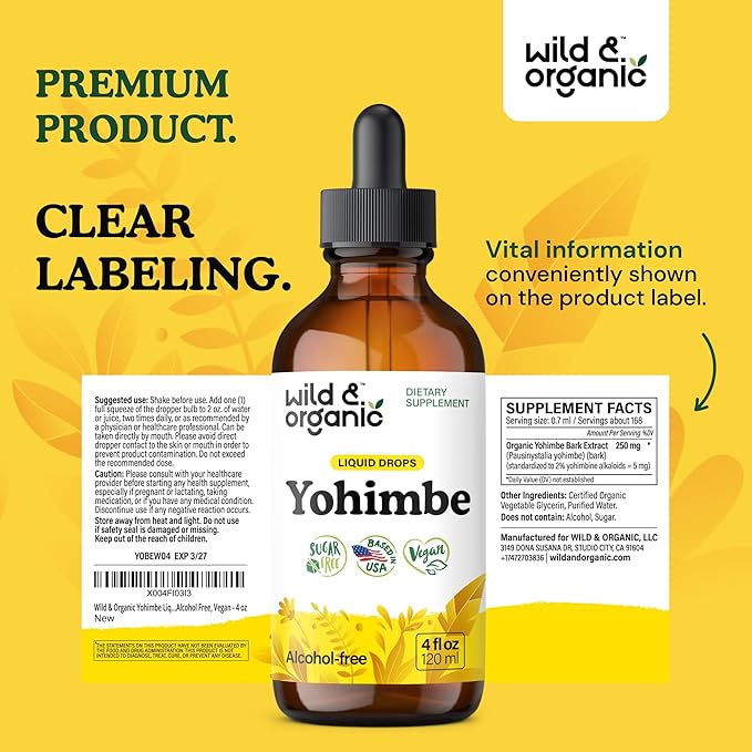 Wild & Organic Yohimbe Supplements for Men & Women - 5 mg Yohimbine Extract Tincture - Alcohol-Free Yohimbe Bark Drops - Vegan, Non-GMO & Sugar-Free - 4 fl oz