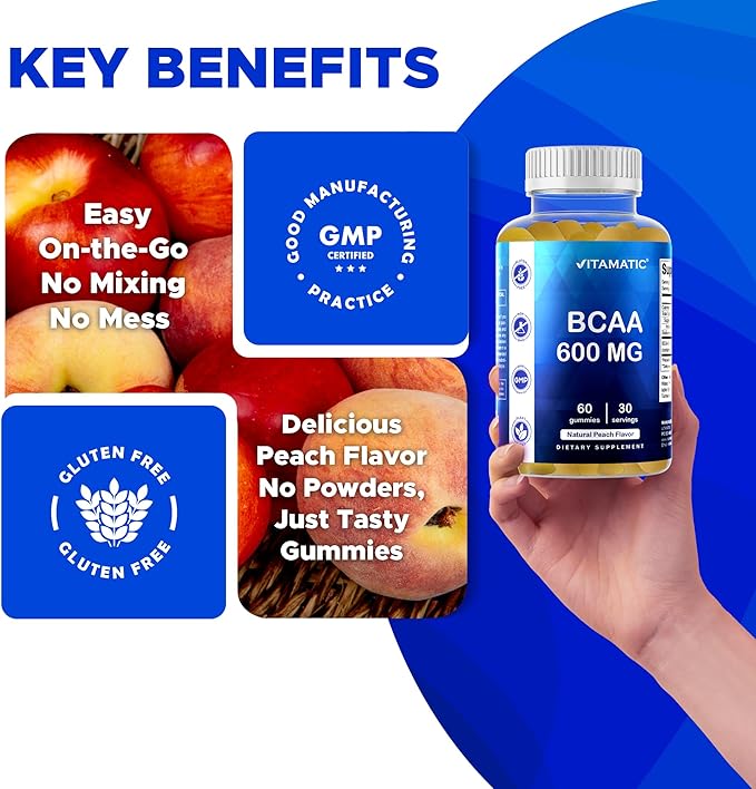 Vitamatic BCAA Gummies - Branch Chain Amino Acid Supplements - Peach Flavor - 600mg per Serving - 60 Vegan Pectin Based Gummies (1 Bottle)