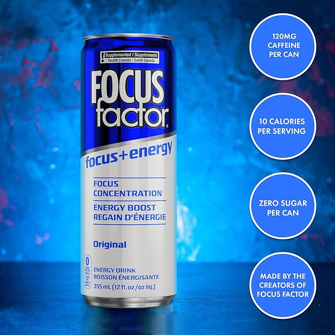 Focus Factor Energy Drink - 12 x 355ml Cans (Original Flavour) - with Focus + Energy - Lightly Carbonated, Sugar Free, Low Calorie with Vitamin B6 & Vitamin B12