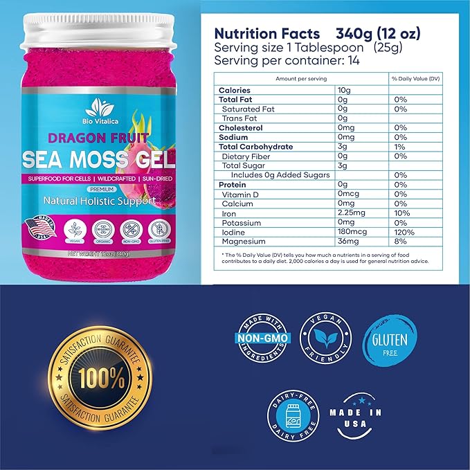 Sea Moss Gel by BioVitalica - Irish sea Moss raw Organic - Premium Quality - Dr Sebi, Vegan superfood for Cells - 100% Natural Seamoss Gel (Pack of 1, Dragon)