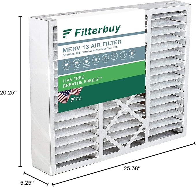 Filterbuy 20x25x5 Air Filter MERV 13 Optimal Defense (1-Pack), Pleated HVAC AC Furnace Air Filters for Amana, Coleman, Goodman, Maytag, York, and More (Actual Size: 20.19 x 25.31 x 5.25 Inches)