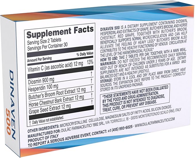 Dulàc - Dinaven 500, Diosmin Hesperidin 500mg Dietary Supplement 60 Tablets, Enriched with Butcher's Broom, Horse Chestnut Extract and Grape Seed Extract, Made in Italy