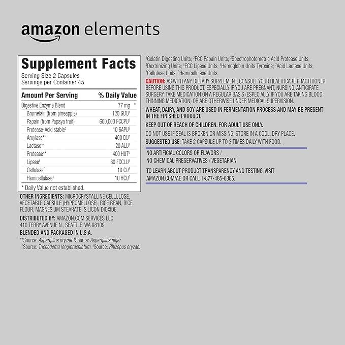 Amazon Elements Digestive Enzyme Complex Capsule, Supports Healthy Digestion, 45 Servings, 90 Count (Pack of 1) (Previously Revly)