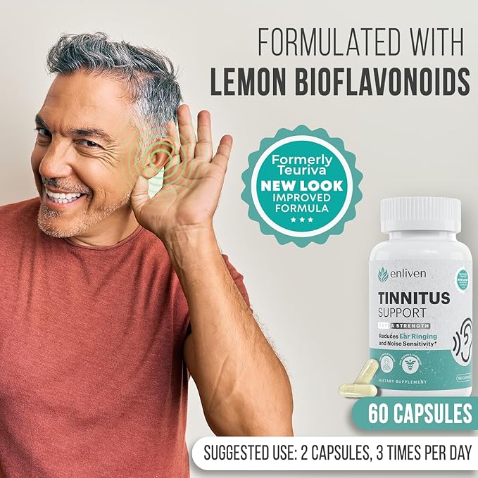 Tinnitus Relief Pills for Ringing Ears & Ear Health | Extra Strength Tinnitus Supplement with Bioflavonoids, B12 & Inositol | Supports Sleep, Focus & Auditory Clarity | 60 Caplets | 2 Daily Dose