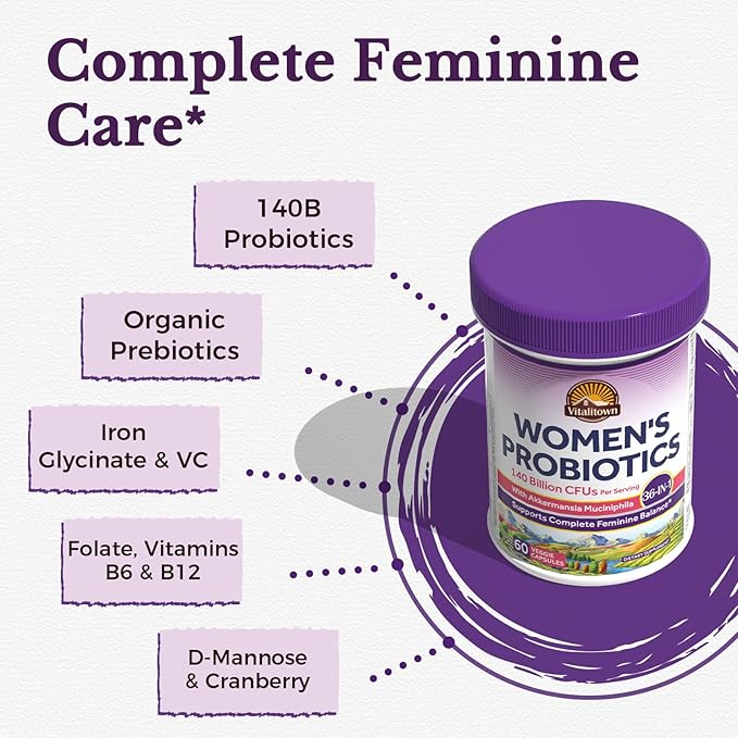 Vitalitown Probiotics for Women, 140 Billion CFU 20 Strains, Akkermansia Probiotic with Iron, Vitamin C B6 & B12, Digestive Enzymes, Cranberry, D-Mannose, Vaginal Probiotics & Prebiotics, 60 Capsules