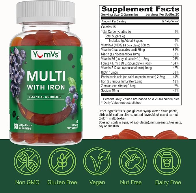 YUM-V'S Iron Gummies - Multivitamin Iron Supplement with Vitamin C, A, B & Zinc, Supports Blood Oxygen, Vegan Supplements for Women, Men & Kids for Growth and Development - Grape Flavor | 60 Count