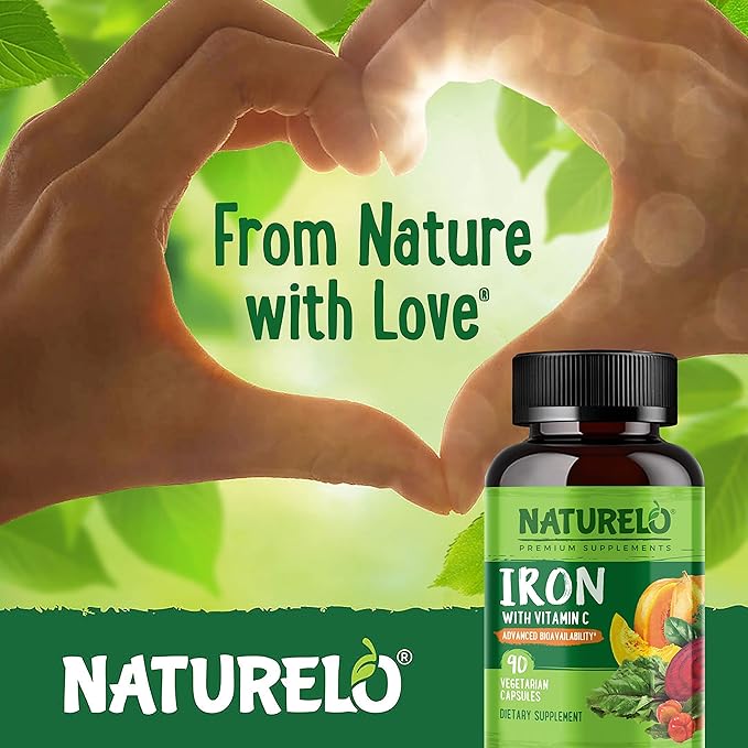 NATURELO Vegan Iron Supplement with Vitamin C and Organic Whole Foods - Gentle Iron Pills for Women & Men with Iron Deficiency Including Pregnancy, Anemia and Vegan Diets - 90 Mini Capsules
