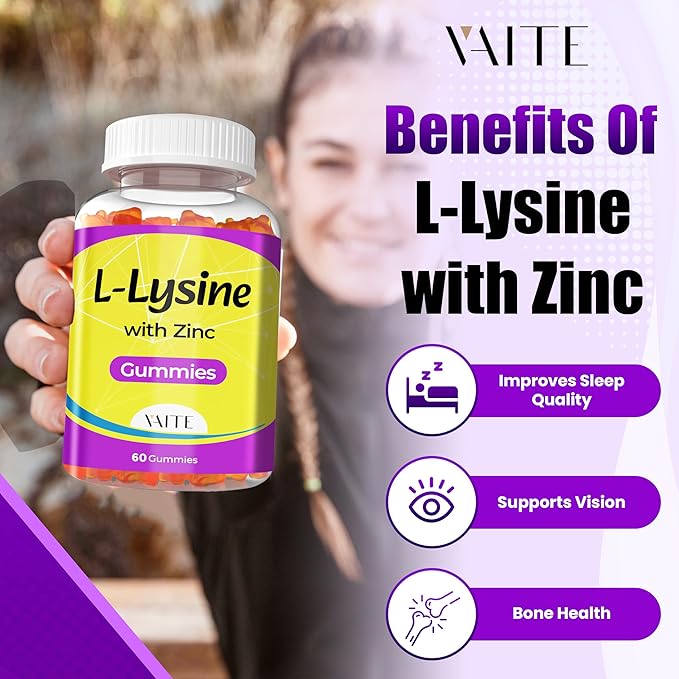 L Lysine Gummies 1000mg with Zinc - Supports Skin, Lip, Vegan, Gluten Free, 60 Chewable L-Lysine for Adults, Vitamins Tissue Health & Immune System, Amino Acid & Complex Supplements, Non-GMO(2Pack)