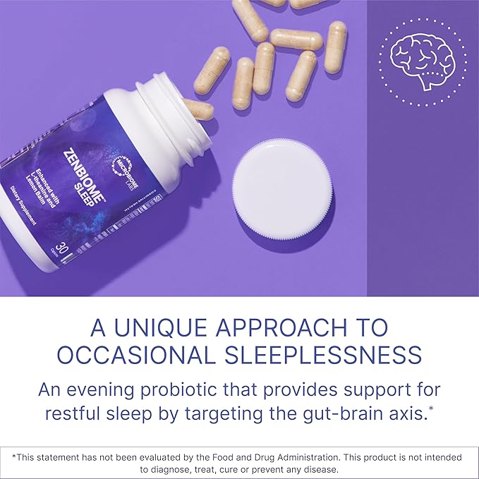 Microbiome Labs Zenbiome Sleep - L Theanine Supplement with Lemon Balm Extract & Probiotics with Bifidobacterium Longum - Help Soothe The Gut-Brain Axis at Bedtime (30 Capsules)