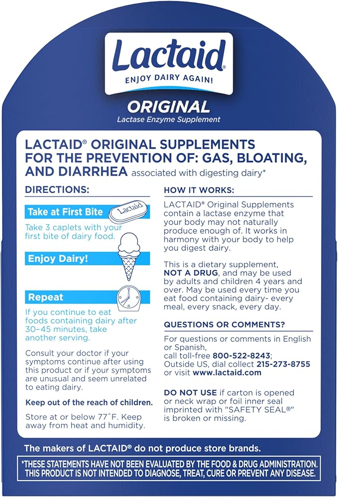 Lactaid Original Strength Lactose Intolerance Pills, 9000 FCC Natural Lactase Enzyme Dairy Relief Caplets, Helps Prevent Gas, Bloating & Diarrhea Due to Lactose Sensitivity in Adults & Kids, 120 Count