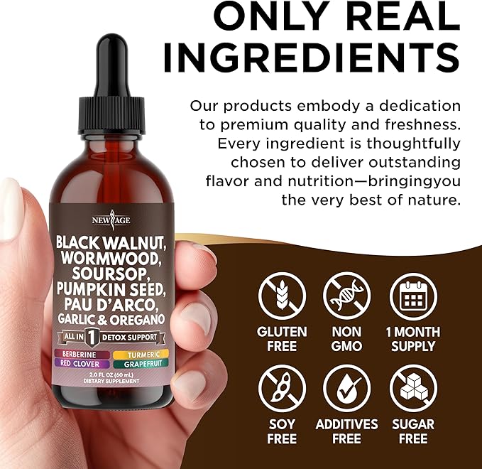 Black Walnut Wormwood Cleanse Drops - Liquid Soursop, Garlic, Pumpkin Seed, PAU D'Arco, Oil of Oregano, Turmeric, Berberine, Neem Extract, Hull Bark, Tincture - 2oz