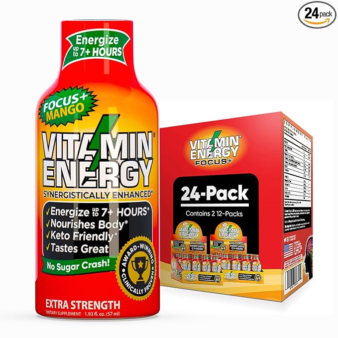 Vitamin Energy Focus+ Extra Strength Energy Shot Mango 24 Pack, 260mg Natural Caffeine, B-Vitamins, CoQ10, Amino Acids, Focus, Productivity & Clarity, Zero Sugar, Gluten-Free, 1.93 fl oz