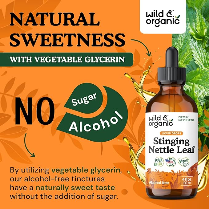 Wild & Organic Stinging Nettle Leaf Tincture - Urinary Tract Support - Stinging Nettle Extract Liquid Drops - Urtica Dioica Supplement - 5-Month Supply - Vegan, Sugar & Alcohol-Free - 4 fl oz
