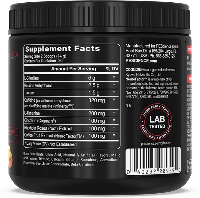 PEScience Prolific Pre Workout Powder for Men & Women with L-Citrulline Nitric Oxide Booster, Energy Powder & Nootropic for Focus – Preworkout Without Beta Alanine – 40 Scoops, Sour Peach Candy