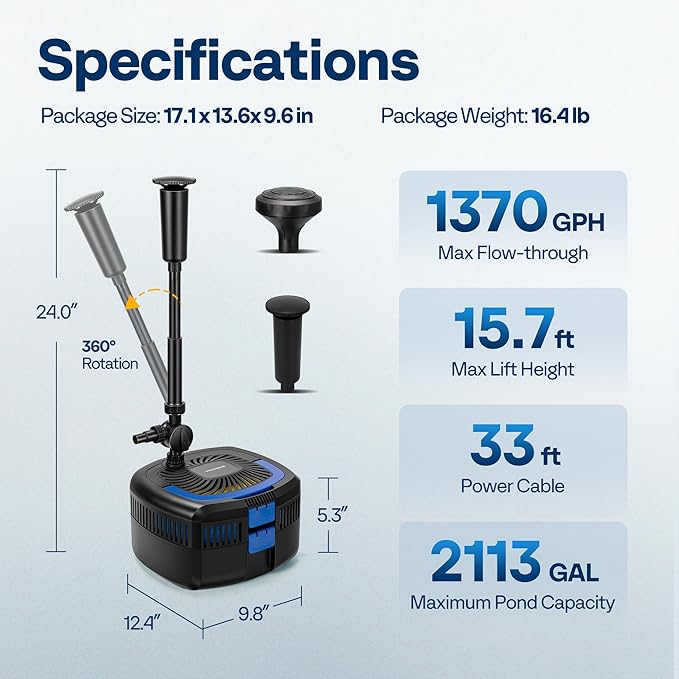 VIVOHOME 4-in-1 Pond Filter System Kits, 950 GPH Water Pump with Filter, Fountain and 13W Light Combo for Ponds up to 1585 Gallons
