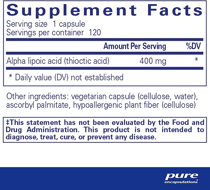 Pure Encapsulations Alpha Lipoic Acid 400 mg | ALA Supplement for Liver Support, Antioxidants, Nerve and Cardiovascular Health, Free Radicals, and Carbohydrate Support* | 120 Capsules