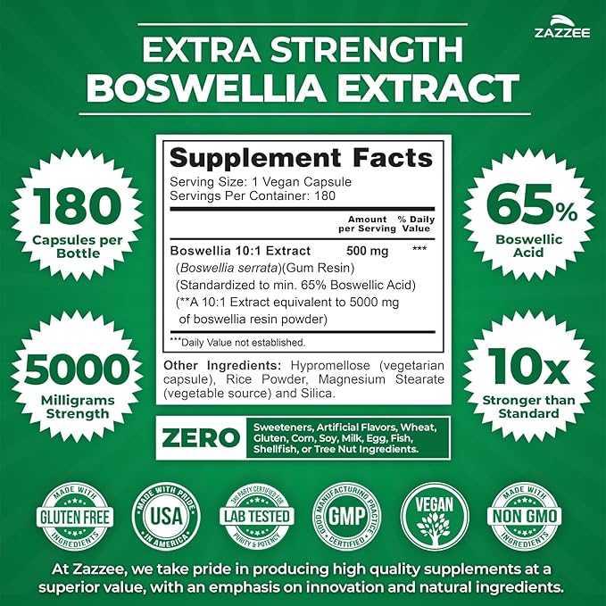 Zazzee Extra Strength Boswellia Serrata 10:1 Extract, 5000 mg Strength, 65% Boswellic Acid, 180 Vegan Capsules, 6 Month Supply, Standardized 10X High Potency, 100% Vegetarian, All-Natural, Non-GMO