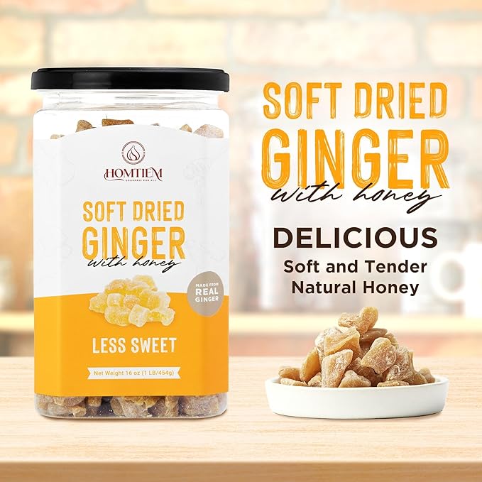 Homtiem Dried Crystallized Ginger Less Sweet 6 lb (16 Ounce pack 6) Real Soft, Chews and Candied Delicious pieces Gingers, Easy to eat,No Artificial Colors,All-Natural and Preservative-Free