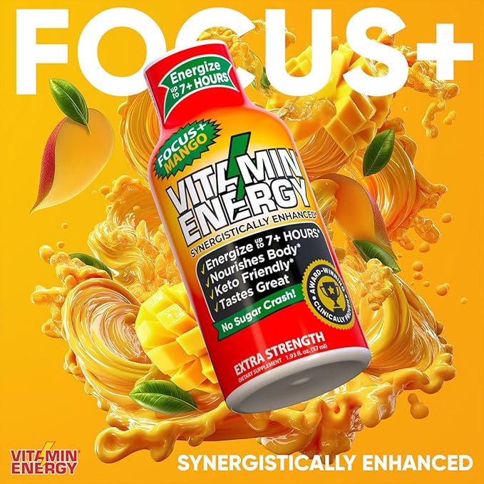 Vitamin Energy Focus+ Extra Strength Energy Shot Mango 48 Pack, 260mg Natural Caffeine, B-Vitamins, CoQ10, Amino Acids, Focus, Productivity & Clarity, Zero Sugar, Gluten-Free, 1.93 fl oz