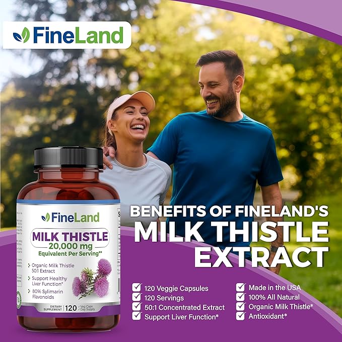 FineLand Milk Thistle Pills 50:1 Extract – 120 Vegan Capsules - 20,000 mg Strenght with 80% Silymarin Flavonoids – Liver & Antioxidant Support | 50X Concentrated Seed Extract - Non-GMO, Made in USA
