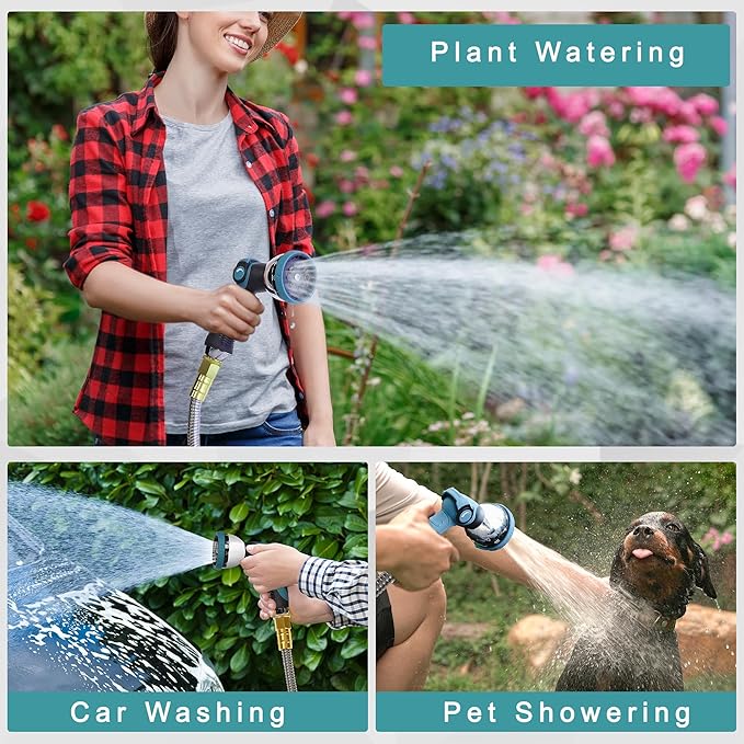 25FT 5/8'' Garden Hose, 304 Stainless Steel Water Hose, Flexible with a 10-Mode Nozzle Sprayer, No Kink, Lightweight, Puncture Proof Metal Hose, Ideal for Yard, Lawn, Outdoor