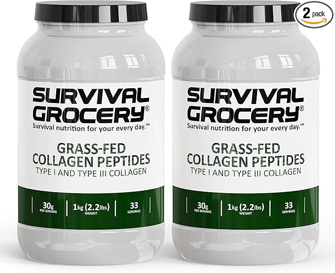 Survival Grocery® Collagen Peptides Powder – Grass Fed Hydrolyzed Collagen Protein Supplement, Types I & III, Unflavored, Gluten Free, Keto Friendly, Non-GMO, Dairy Free, 2kg, 2 Jugs