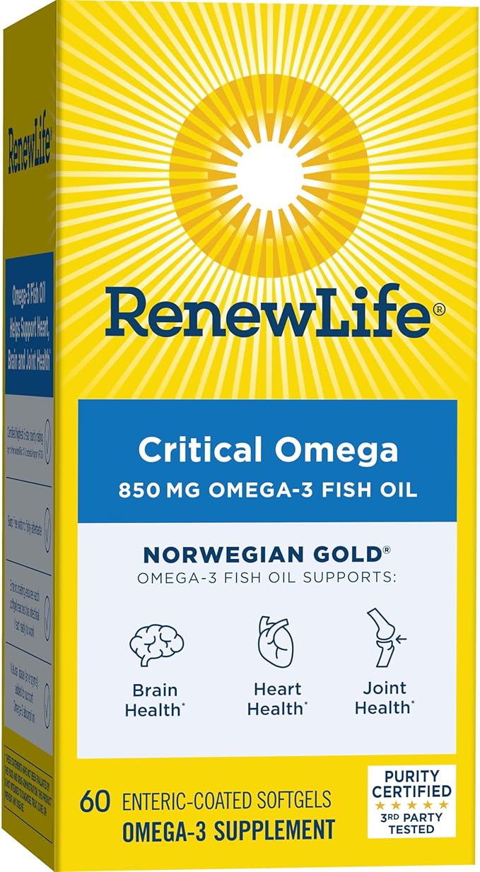 Renew Life Norwegian Gold Critical Omega, Omega-3 Fish Oil, 60 Burp-Free Softgels (Pack May Vary)