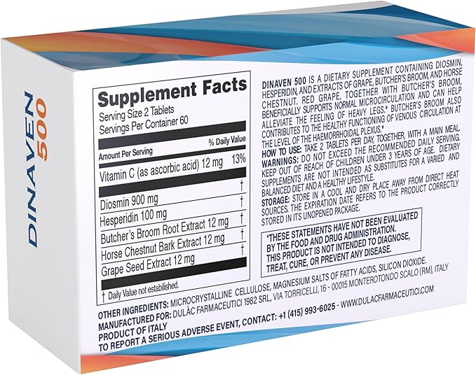 Dulàc - Dinaven 500, Diosmin Hesperidin 500mg Dietary Supplement 120 Tablets, Enriched with Butcher's Broom, Horse Chestnut Extract and Grape Seed Extract, Made in Italy