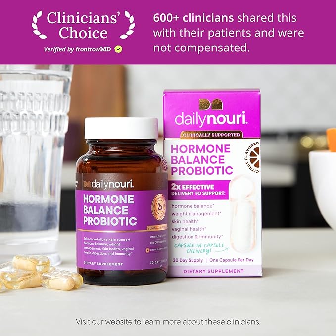 Daily Nouri Hormone Balance Probiotic for Women | Supports Healthy Estrogen, PMS, PCOS, Perimenopause, Vaginal pH, Yeast, Gut Health, Skin & Immunity | 7 Strains + Vegan Omega Oil | 30-Day Supply