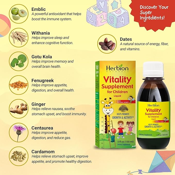 HERBION Naturals Vitality Supplement for Children, Promotes Growth and Appetite, Relieves Fatigue, Improves Mental & Physical Performance, for Kids 1 Year & Above, 5 Fl Oz (Pack of 2)