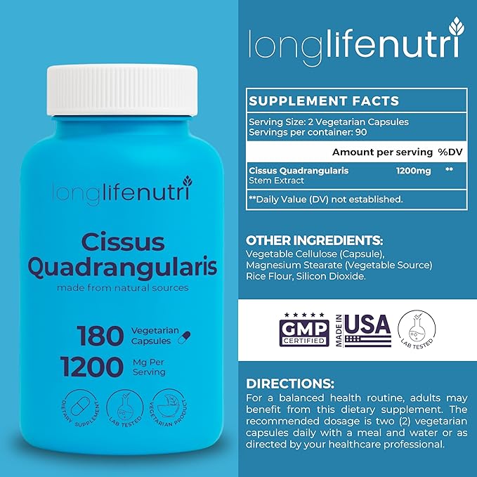 Cissus Quadrangularis 1200mg - 180 Vegetarian Capsules, Stem Extract for Joint Comfort, Bone Strength & Active Mobility, High Potency Formula, 3-Month Supply, GMP Certified, Made in USA