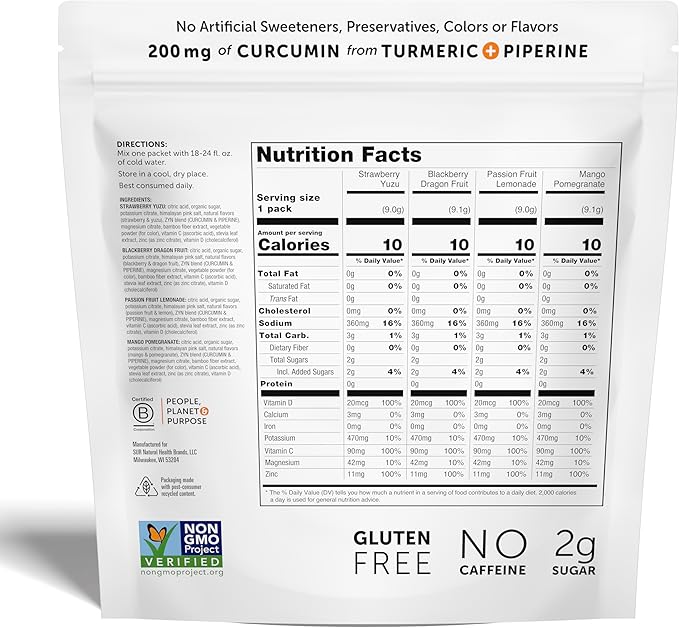 ZYN Electrolyte Drink Mix Hydration Packets, Electrolytes Powder, Hydration Packets w/Turmeric Curcumin, Vitamin C and D, Zinc, Hydrate Electrolyte Powder Packets for Wellness, Variety Pack of 32